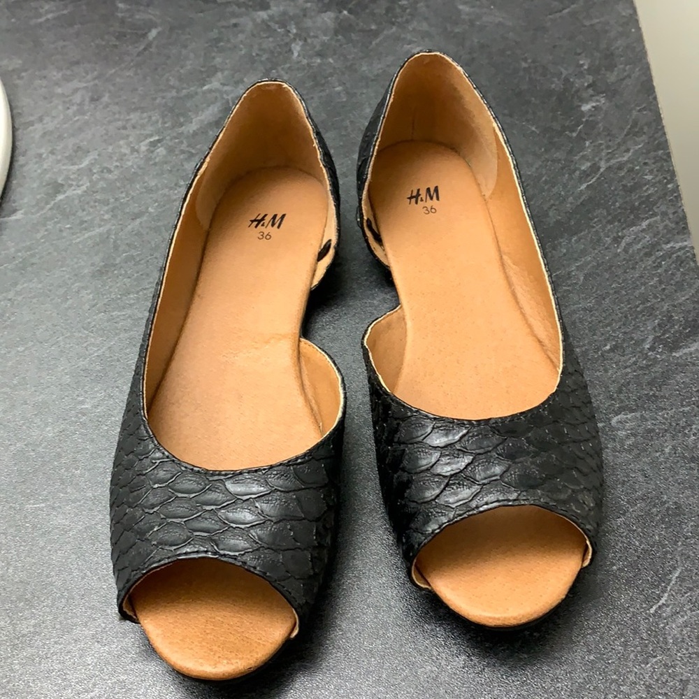 Black open toe slip on shoes size 5.5